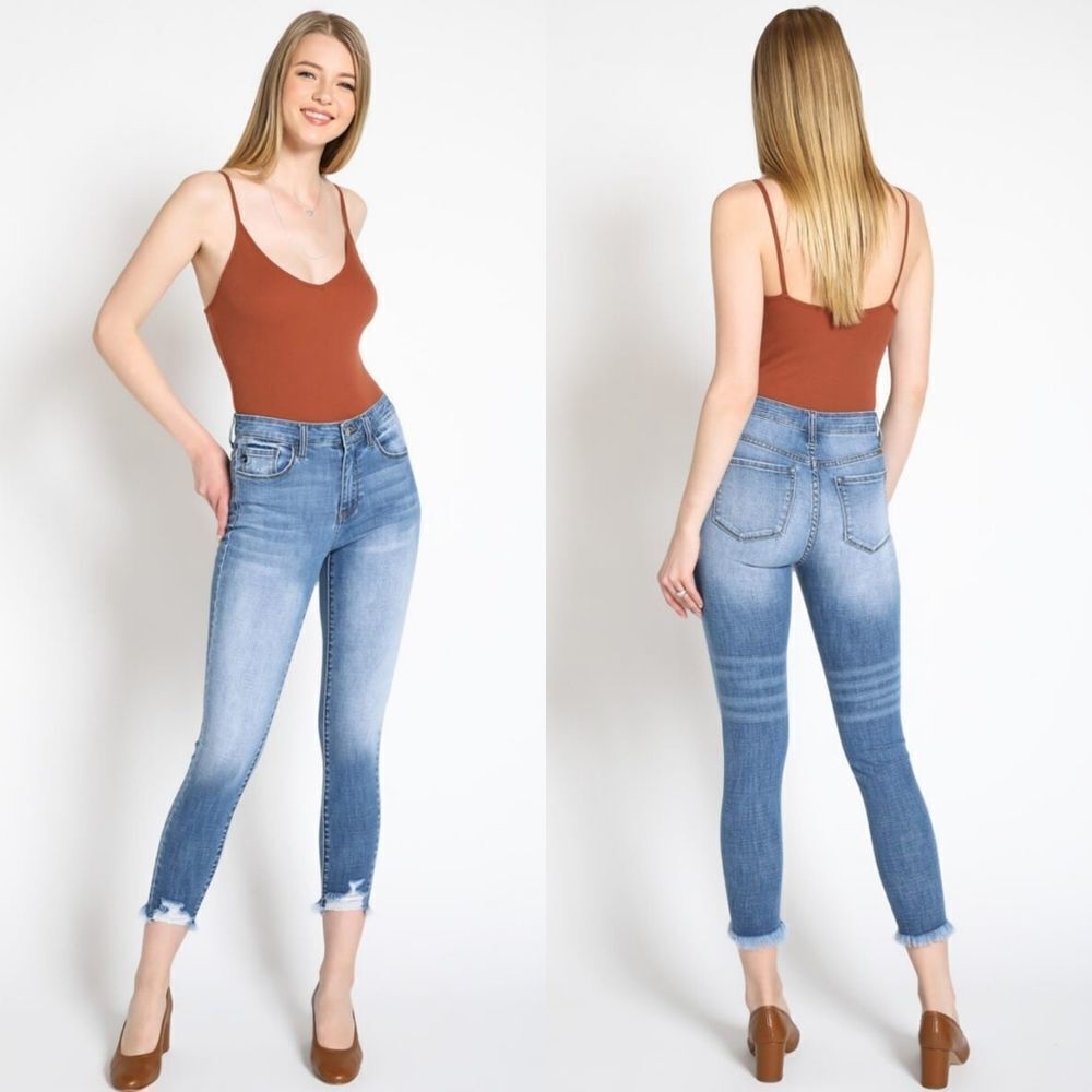 KANCAN Women's Mid Rise Distressed Ankle Skinny Jeans Raw Cut Summer Collection